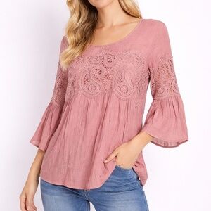 Frye Scoop Neck Crochet-Paneled Top Dusty Rose NWOT